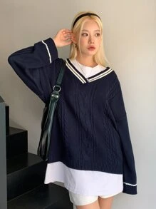 DAZY Sọc trang trí Thả vai Xoắn Dan Áo len Without Tee - Màu xanh hải quân - Xem 5