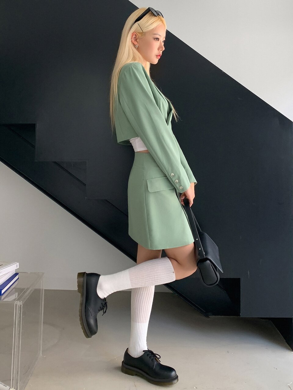 Lapel Neck Single Button Crop Blazer & Skirt