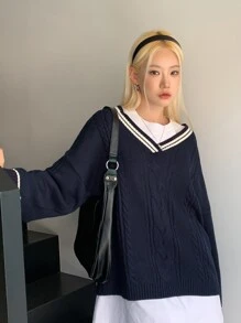 DAZY Sọc trang trí Thả vai Xoắn Dan Áo len Without Tee - Màu xanh hải quân - Xem 7