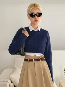 DAZY Drop Shoulder Ribbed Knit Crop Jumper Without Blouse - Navy Blue - View 5