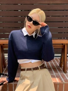 DAZY Drop Shoulder Ribbed Knit Crop Jumper Without Blouse - Navy Blue - View 6