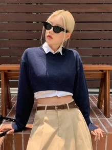 DAZY Drop Shoulder Ribbed Knit Crop Jumper Without Blouse - Navy Blue - View 7