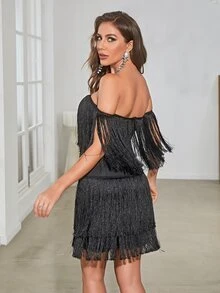 YISIKADO Fringe Trim Off Shoulder Backless Dress - Black - View 2