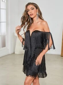 YISIKADO Fringe Trim Off Shoulder Backless Dress - Black - View 4