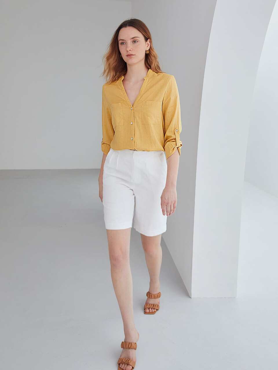 MOTF 100% LINEN ROLL-UP SLEEVE BLOUSE