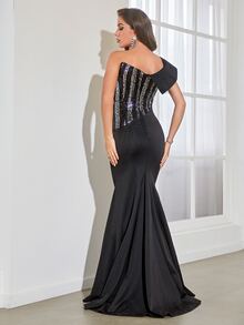 YISIKADO Vestido de vestir con lentejuela en contraste largo - Negro - Ver 2
