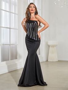 YISIKADO Vestido de vestir con lentejuela en contraste largo - Negro - Ver 5