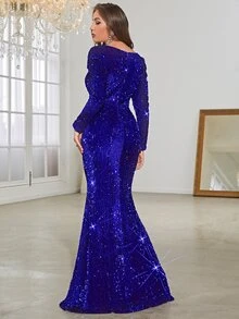 YISIKADO Square Neck Ruffle Trim Split Thigh Sequin Evening Gown - Royal Blue - View 2