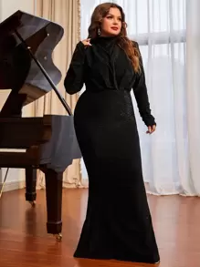 فستان سهرة أنيق بأكمام منفوشة، رقبة عالية ولمعان، تصميم ذيل السمكة باللون الأسود، أكمام طويلة رسمية للحفلات والخطوبة أو الزفاف، مناسب للتخرج أو العشاء