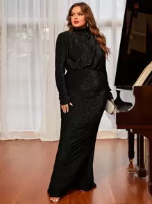فستان سهرة أنيق بأكمام منفوشة، رقبة عالية ولمعان، تصميم ذيل السمكة باللون الأسود، أكمام طويلة رسمية للحفلات والخطوبة أو الزفاف، مناسب للتخرج أو العشاء