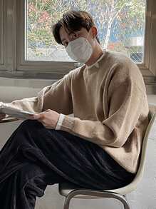 DAZY 男士拼接邊落肩袖套頭毛衣 - 卡其色 - 查看 5