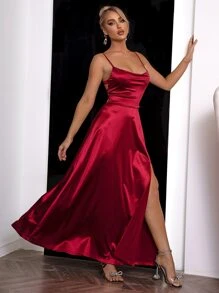 Joyfunear 露背繫帶高衩垂領吊帶連衣裙