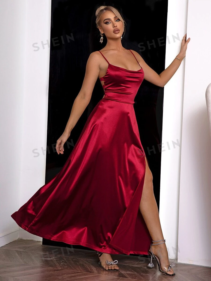 Joyfunear Vestido de fiesta con cuello drapeado, espalda descubierta y abertura en el muslo, vestido de invitada de boda, vestido de noche formal, para el Día de San Valentín y la primavera - Burdeos - Ver 1