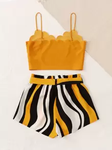 SHEIN VCAY 夏季海灘扇貝邊襯托背心上衣＆紙袋腰間條紋短褲組合套裝 - 芥末黃 - 查看 2