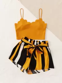 SHEIN VCAY 夏季海灘扇貝邊襯托背心上衣＆紙袋腰間條紋短褲組合套裝 - 芥末黃 - 查看 3