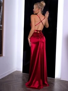 Joyfunear Đầm dạ hội bằng satin xẻ đùi, hở lưng, buộc dây, thích hợp cho tiệc cưới, dự tiệc, lễ phục, dạ tiệc mùa xuân. - Màu Đỏ Sâu - Xem 2