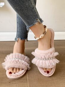 Fall/Winter Lace Fabric Fashion Faux Pearl Women Spring/Autumn Indoor Slippers,Fluffy Slippers - Pink - View 2