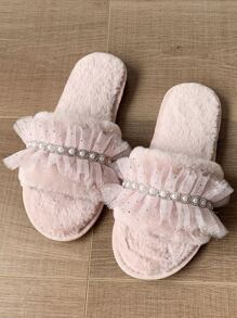 Fall/Winter Lace Fabric Fashion Faux Pearl Women Spring/Autumn Indoor Slippers,Fluffy Slippers - Pink - View 3