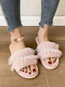 Fall/Winter Lace Fabric Fashion Faux Pearl Women Spring/Autumn Indoor Slippers,Fluffy Slippers - Pink - View 4