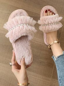 Fall/Winter Lace Fabric Fashion Faux Pearl Women Spring/Autumn Indoor Slippers,Fluffy Slippers - Pink - View 5
