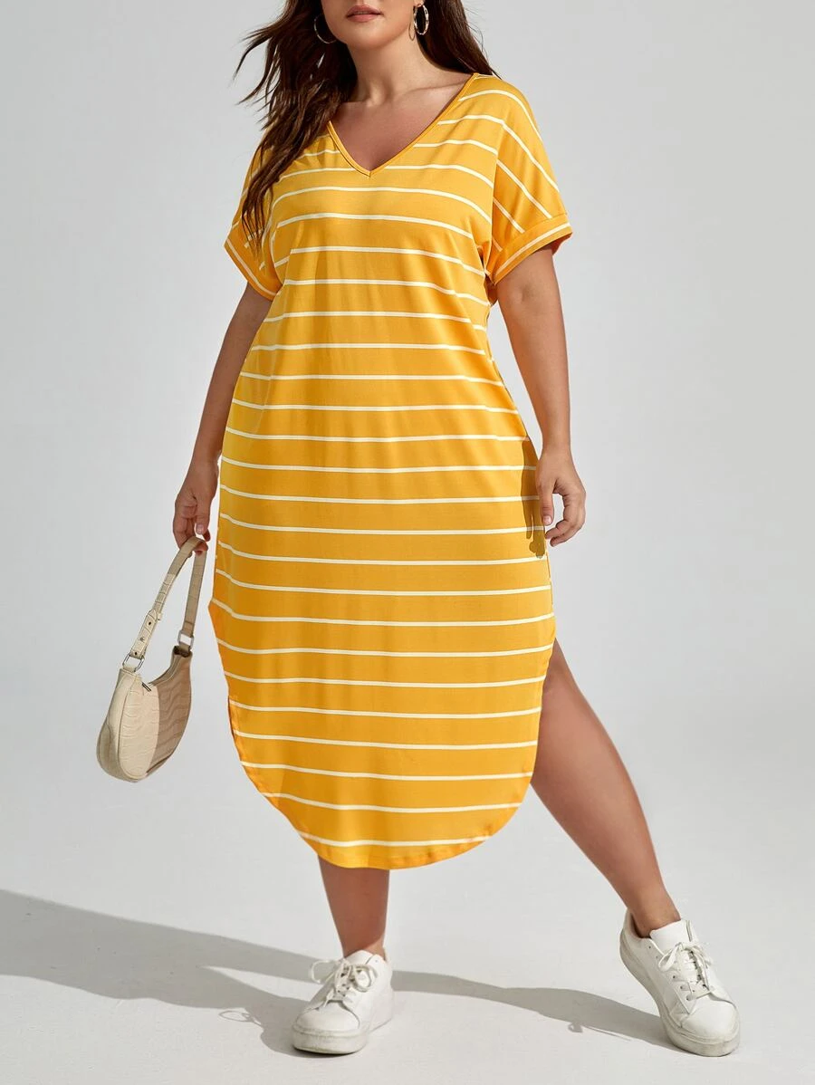 SHEIN LUNE Đầm Plus Size Chia Sọc Giải trí - Màu vàng - Xem 1