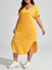 SHEIN LUNE Đầm Plus Size Chia Sọc Giải trí - Màu vàng - Xem 2