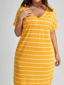 SHEIN LUNE Đầm Plus Size Chia Sọc Giải trí - Màu vàng - Xem 4