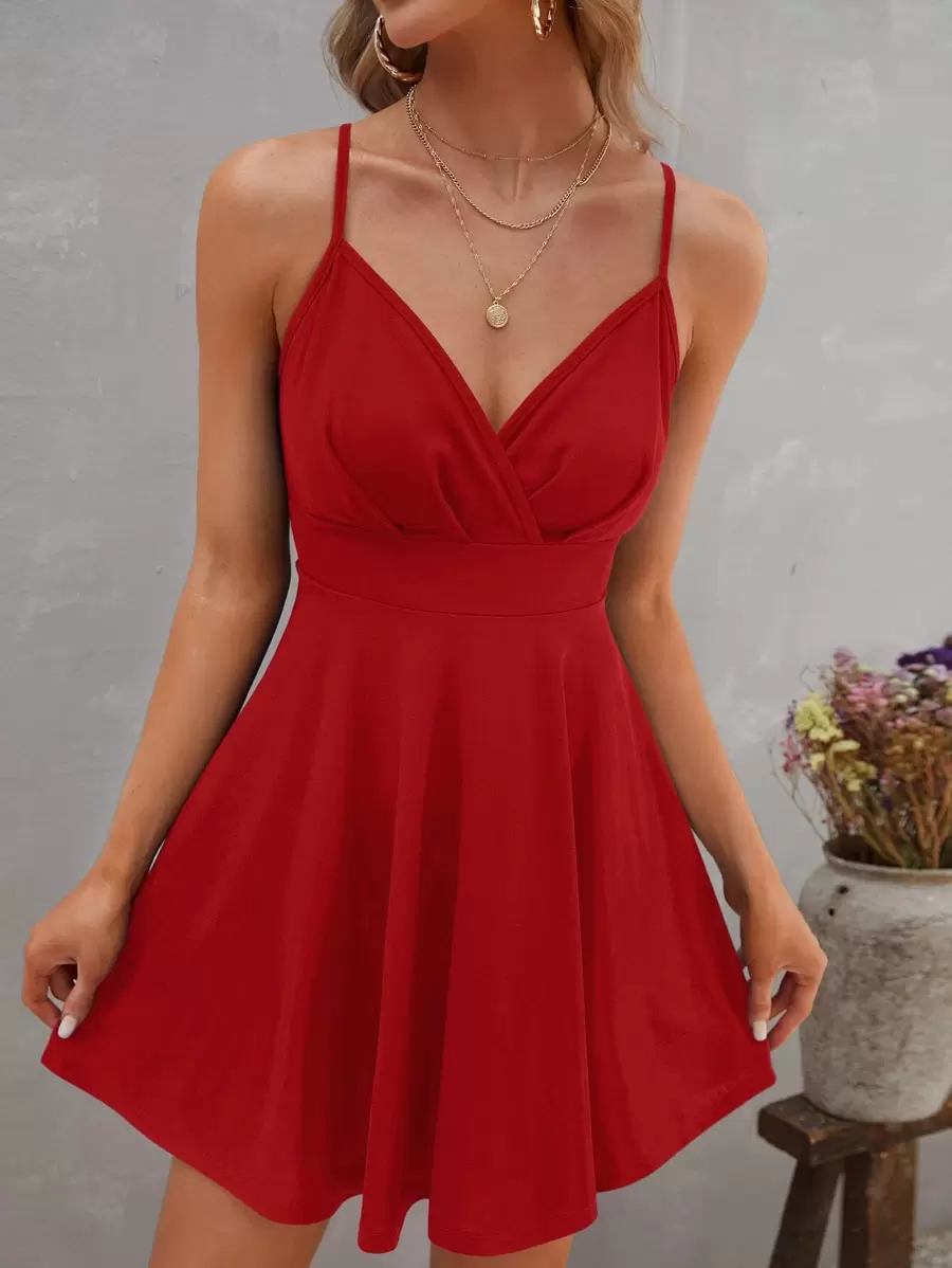 SHEIN Privé Solid Ruched Cami Dress - Red - View 1