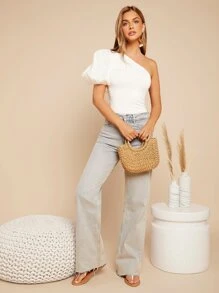 SHEIN Privé Body unicolor de un hombro de manga farol - Blanco - Ver 3