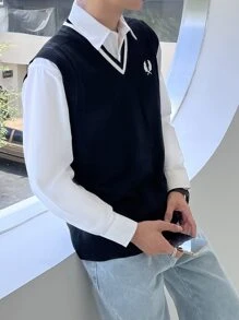 Manfinity Campus Court Men Embroidered Sweater Vest Without Shirt, For Tennis, Fall/Winter