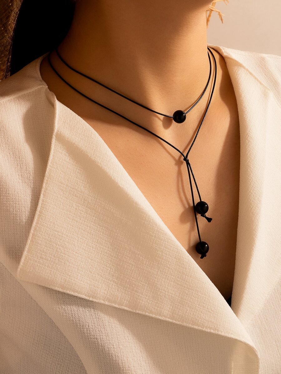 imoli Bead Decor Layered Y Lariat Necklace - Black - View 1