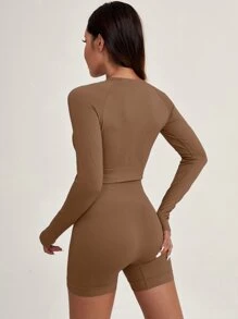 Easithlete 2入組無縫高彈力套裝工作套裝拇指孔上衣寬腰帶短褲 - 咖啡棕 - 查看 2