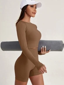 Easithlete 2入組無縫高彈力套裝工作套裝拇指孔上衣寬腰帶短褲 - 咖啡棕 - 查看 3