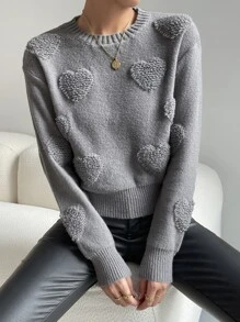 SHEIN LUNE Jersey con corazón tejido de hombros caídos - Gris - Ver 1