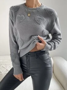 SHEIN LUNE Jersey con corazón tejido de hombros caídos - Gris - Ver 4