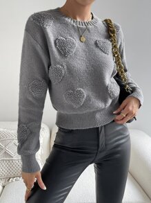 SHEIN LUNE Jersey con corazón tejido de hombros caídos - Gris - Ver 5