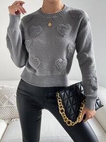 SHEIN LUNE Jersey con corazón tejido de hombros caídos - Gris - Ver 6