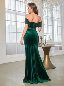 YISIKADO Off Shoulder Tương phản Kim sa Xù Nhung - Màu xanh lá cây đậm - Xem 2
