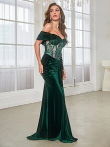 YISIKADO Off Shoulder Tương phản Kim sa Xù Nhung - Màu xanh lá cây đậm - Xem 3