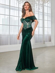 YISIKADO Off Shoulder Tương phản Kim sa Xù Nhung - Màu xanh lá cây đậm - Xem 4