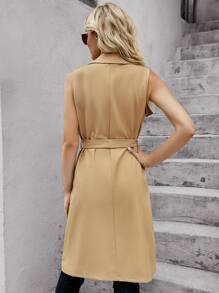 Waterfall Collar Open Front Sleeveless Belted Trench Coat - Khaki - View 2