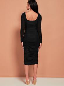 SHEIN SXY Ruched Mesh Bodycon Dress - Black - View 2