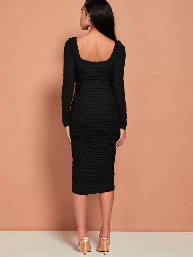 shein sxy ruched mesh bodycon dress Firerie Women's Elegant Tropical july4thshop Color:Kelly Green
