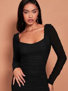 SHEIN SXY Ruched Mesh Bodycon Dress - Black - View 3