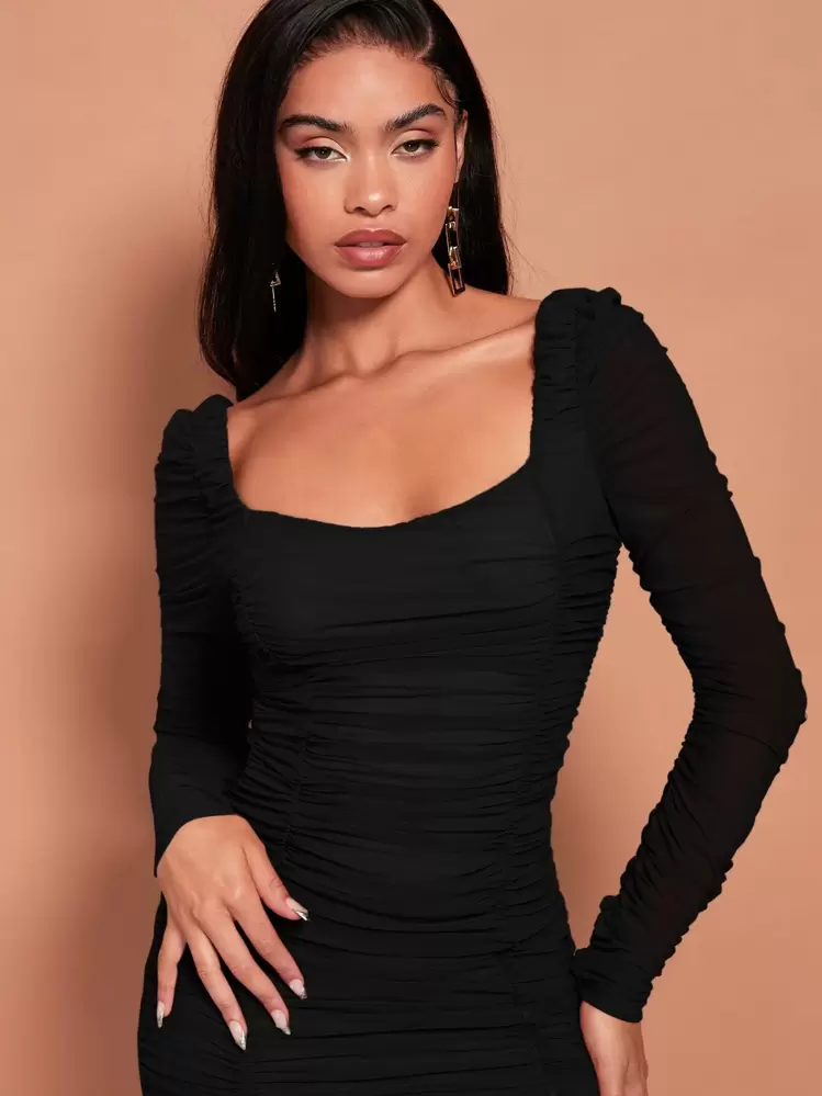 shein sxy ruched mesh bodycon dress SHEIN SXY Ruched Mesh Bodycon Dress