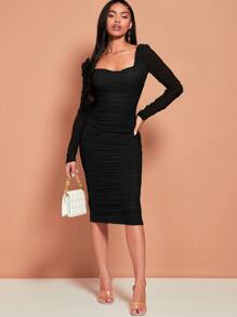 SHEIN SXY Ruched Mesh Bodycon Dress - Black - View 4