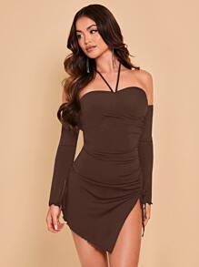 SHEIN BAE 側抽繩一字肩吊脖下擺開叉連衣裙 - 咖啡棕 - 查看 3