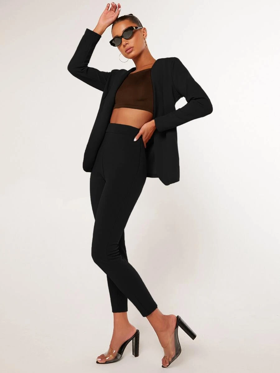 SHEIN Privé Open Front Jacket & Leggings - Black - View 1