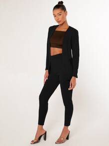 SHEIN Privé Open Front Jacket & Leggings - Black - View 4