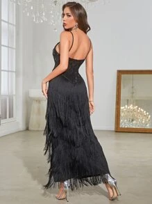 YISIKADO Fringe Trim Split Thigh Sequin Formal Dress - Black - View 2